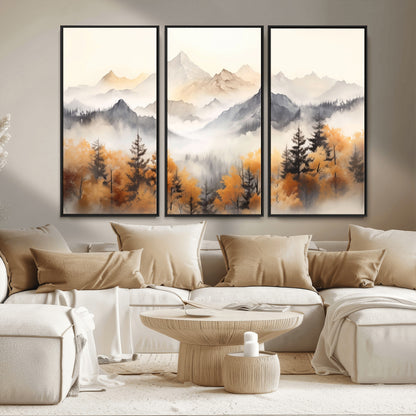 70049-MGV-FC-48X32-3P_Black-Autumn Mountain Forest Wall Art – Misty Landscape Canvas Print, Rustic Nature Inspired Decor for Living Room, Bedroom or Office