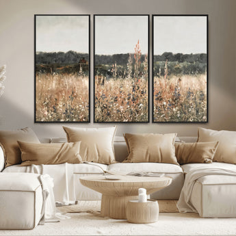 46308-MGV-FC-48X32-3P_Black-Wildflower Field Wall Art – Rustic Meadow Landscape Canvas Print, Country Nature Decor for Living Room, Bedroom or Farmhouse