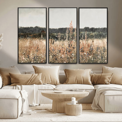 46308-MGV-FC-48X32-3P_Black-Wildflower Field Wall Art – Rustic Meadow Landscape Canvas Print, Country Nature Decor for Living Room, Bedroom or Farmhouse