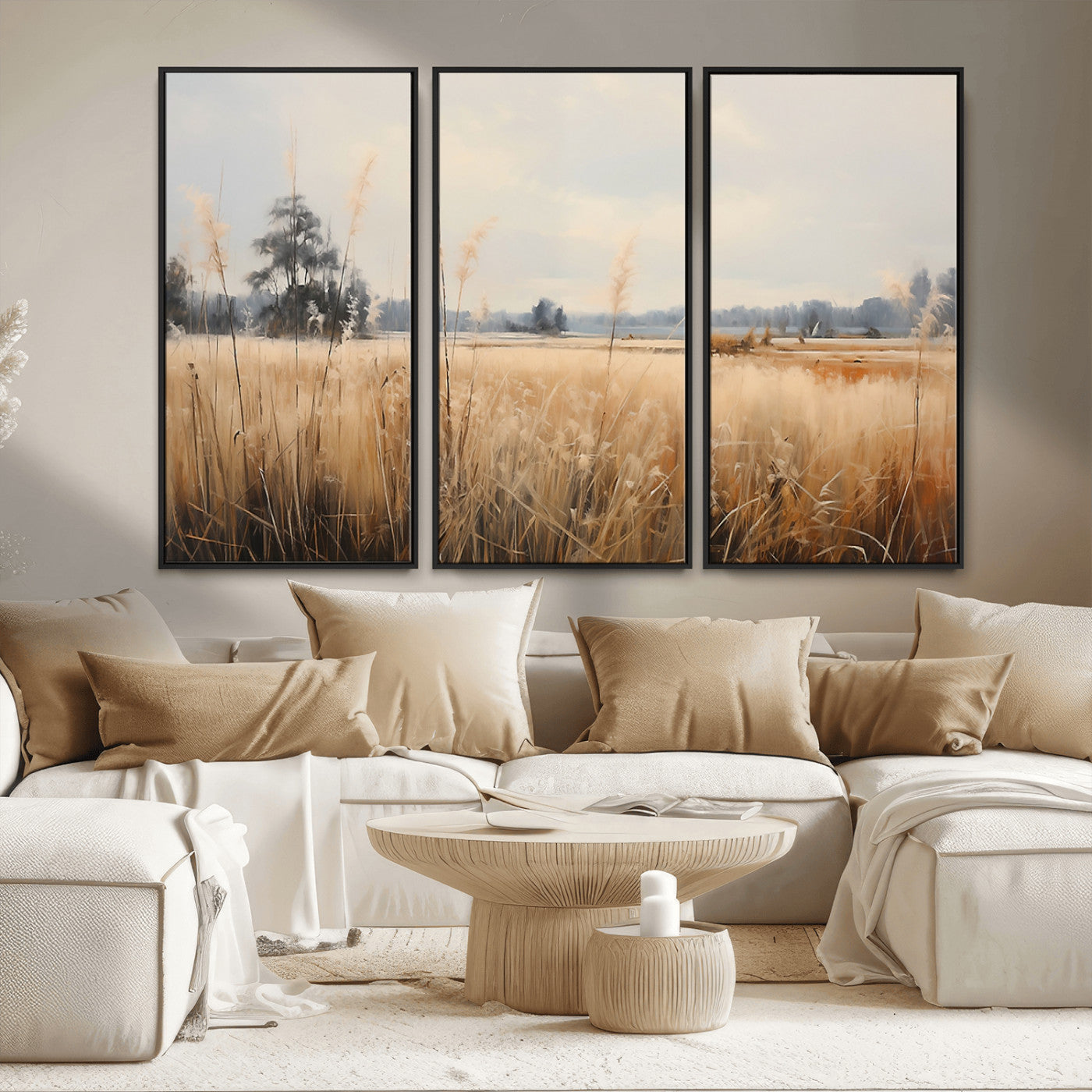 38193-MGV-FC-48X32-3P_Black-Golden Meadow Wall Art – Serene Grassland Landscape Canvas Print, Rustic Nature Decor for Bedroom, Living Room or Farmhouse