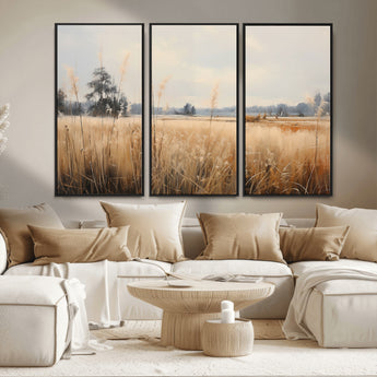 38193-MGV-FC-48X32-3P_Black-Golden Meadow Wall Art – Serene Grassland Landscape Canvas Print, Rustic Nature Decor for Bedroom, Living Room or Farmhouse