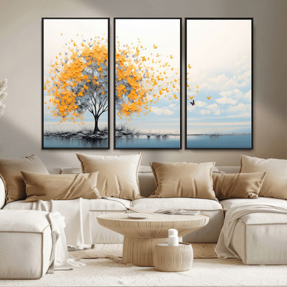 23385-MGV-FC-48X32-3P_Black-Golden Butterfly Tree Wall Art – Abstract Yellow and Gray Canvas Print, Modern Nature Artwork for Living Room, Bedroom or Office