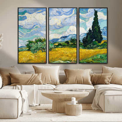 97252-MGV-FC-48X32-3P_Black-Wheat Field with Cypress – Van Gogh Wall Art, Impressionist Landscape Canvas Print, Rustic Home Decor for Living Room or Office