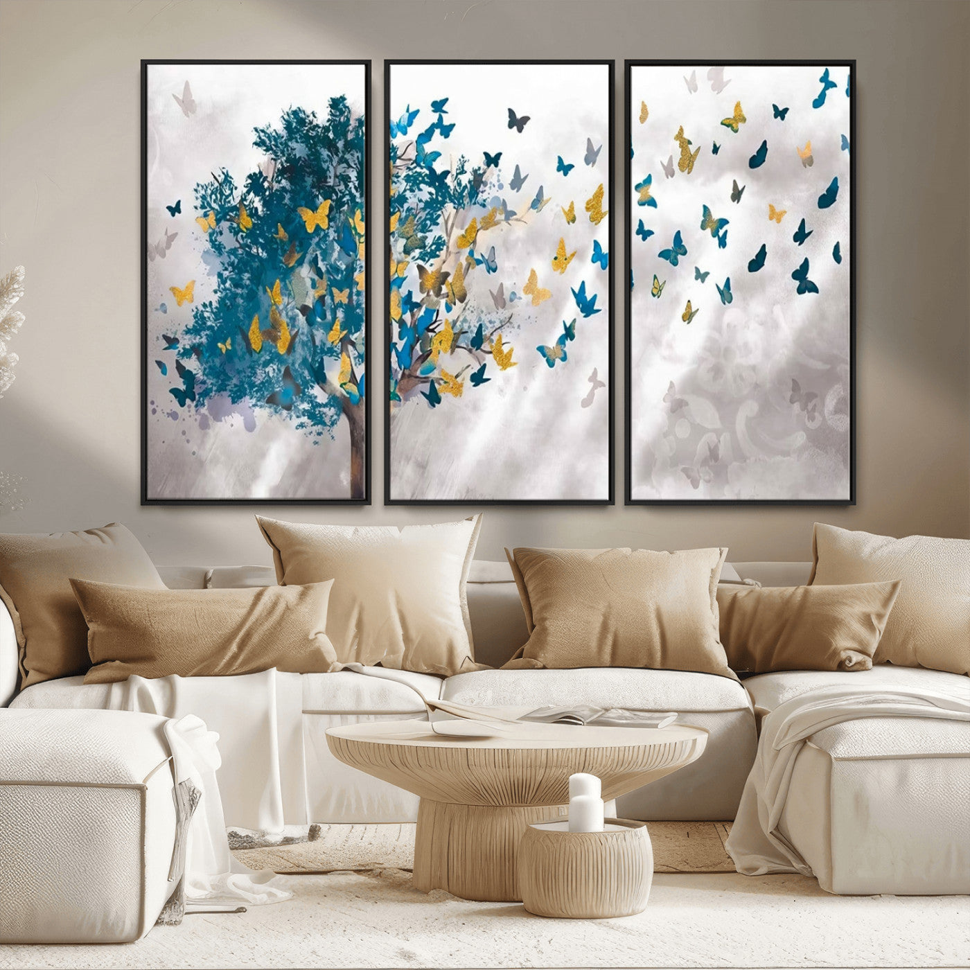 37564-MGV-FC-48X32-3P_Black-Butterfly Tree Wall Art – Modern Nature Canvas Print with Blue and Golden Butterflies, Elegant Decorative Painting for Living Room
