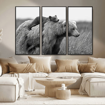 76338-MGV-CV-36X24-Mother Bear and Cub Wall Art – Black and White Wildlife Canvas Print, Rustic Nature Photography for Cabin, Living Room or Office