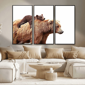 76943-MGV-FC-48X32-3P_Black-Mom Bear Wall Art Canvas Print, Framed Bear Photography Art Picture Print, Rustic Bear and Cub Perfect Rustic Farmhouse Decor