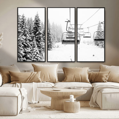 70609-MGV-FC-48X32-3P_Black-Snowy Ski Lift Wall Art – Black and White Winter Mountain Landscape Canvas Print, Rustic Lodge Decor for Cabin, Living Room or