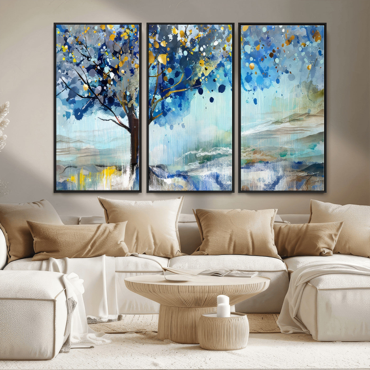 17018-MGV-FC-48X32-3P_Black-Abstract Blue Tree Wall Art – Colorful Canvas Painting with Gold and Silver Accents, Modern Nature Artwork for Living Room,