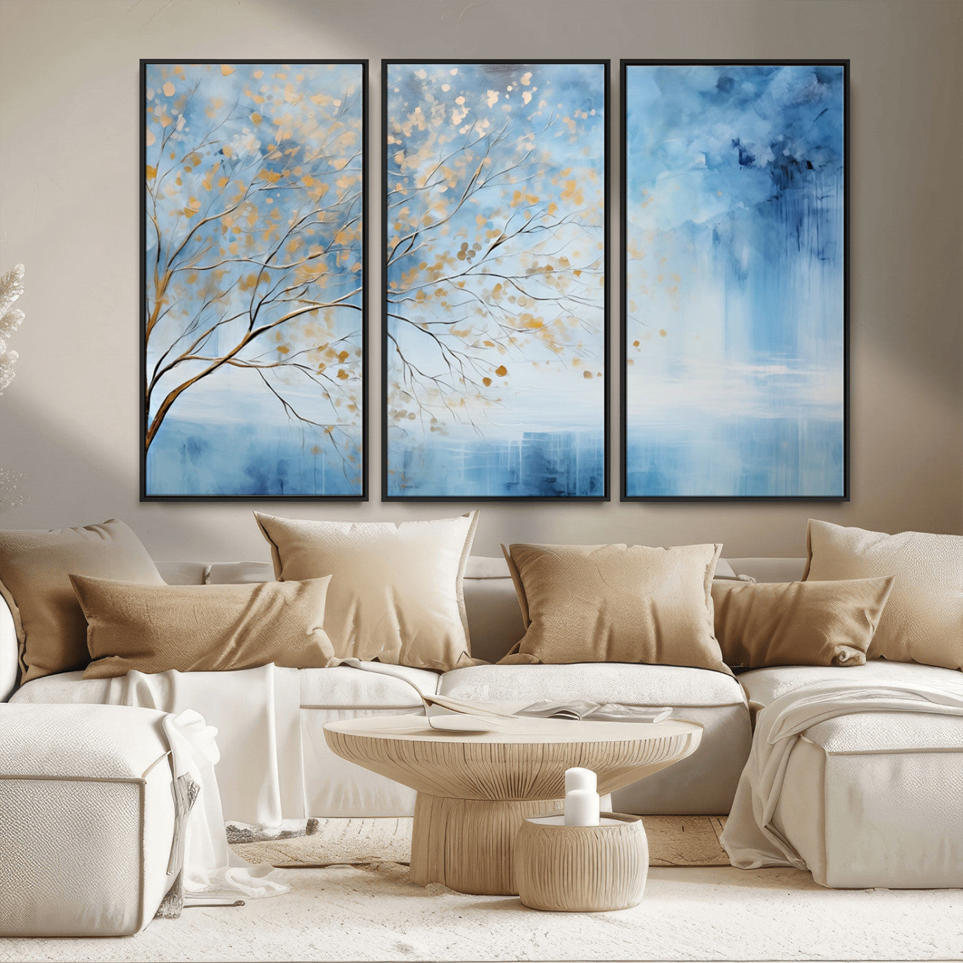 23891-MGV-CV-36X24-Abstract Tree Wall Art – Minimalist Blue and Gold Canvas Painting, Elegant Nature-Inspired Artwork for Living Room, Bedroom or
