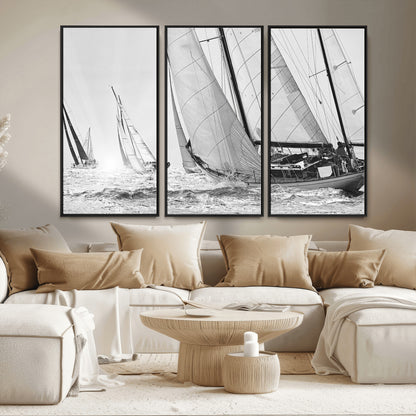 Boat-1-MGV-CV-36X24-Sailboat Racing Wall Art – Nautical Black and White Canvas Print, Ocean Adventure Decor for Office, Living Room or Bedroom