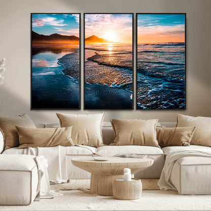 26494-MGV-FC-48X32-3P_Black-Ocean Sunset Wall Art – Scenic Beach Canvas Print with Waves and Mountains, Coastal Seascape Photography for Living Room, Bedroom