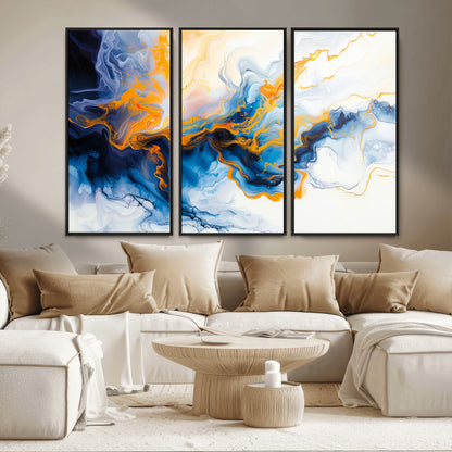 83720-MGV-CV-36X24-Abstract Fluid Wall Art – Blue, White and Gold Swirl Canvas Painting, Modern Contemporary Artwork for Living Room, Bedroom or
