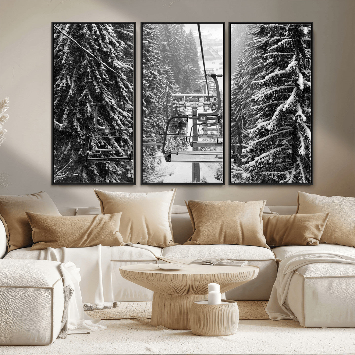 19240-MGV-FC-48X32-3P_Black-Ski Lift Wall Art – Black and White Winter Mountain Canvas Print, Snowy Forest Ski Resort Photography for Cabin, Lodge, Office or