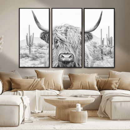 94579-MGV-CV-36X24-Highland Cow Wall Art – Black and White Longhorn Canvas Print, Rustic Western Farmhouse Animal Photography for Living Room,