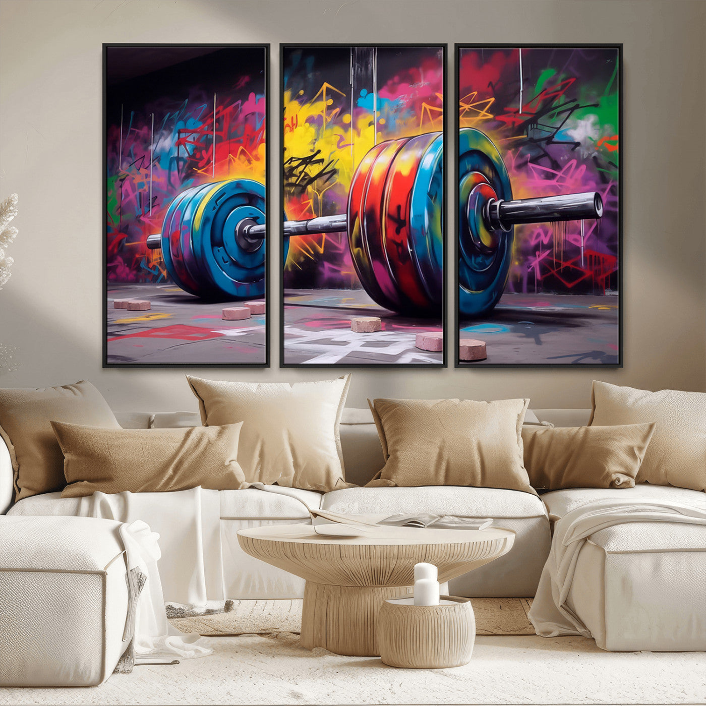 13549-MGV-FC-48X32-3P_Black-Graffiti Gym Wall Art Canvas Print, Framed Graffiti Barbell Art Picture Print, Weightlifting Perfect Fitness Studio Decor Artwork