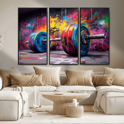13549-MGV-FC-48X32-3P_Black-Graffiti Gym Wall Art Canvas Print, Framed Graffiti Barbell Art Picture Print, Weightlifting Perfect Fitness Studio Decor Artwork