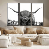 58188-MGV-FC-48X32-3P_Black-Highland Cow Wall Art – Black and White Rustic Farmhouse Canvas Print, Longhorn Cattle Photography Decor for Living Room or