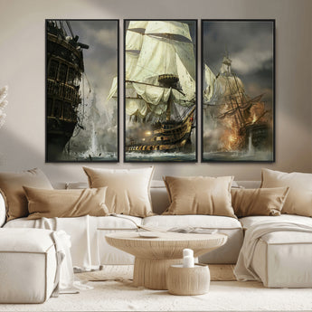 26512-MGV-FC-48X32-3P_Black-Naval Battle Wall Art – Dramatic Tall Ship Canvas Print, Historic Pirate Sailing War Scene, Nautical Decor for Office, Study or