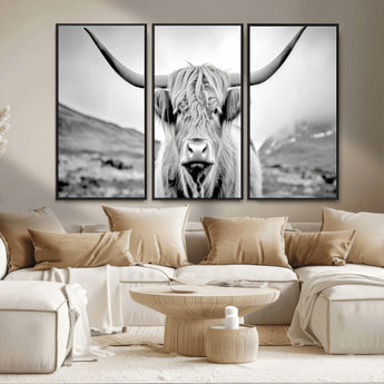 80564-MGV-CV-36X24-Highland Cow Wall Art – Black and White Scottish Highland Canvas Print, Rustic Farmhouse Decor for Living Room, Bedroom or Office