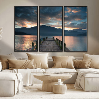 20442-MGV-CV-36X24-Lakeside Sunset Dock Wall Art – Peaceful Mountain Lake Canvas Print, Serene Nature Landscape Decor for Living Room, Bedroom or