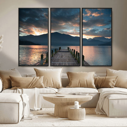 20442-MGV-CV-36X24-Lakeside Sunset Dock Wall Art – Peaceful Mountain Lake Canvas Print, Serene Nature Landscape Decor for Living Room, Bedroom or