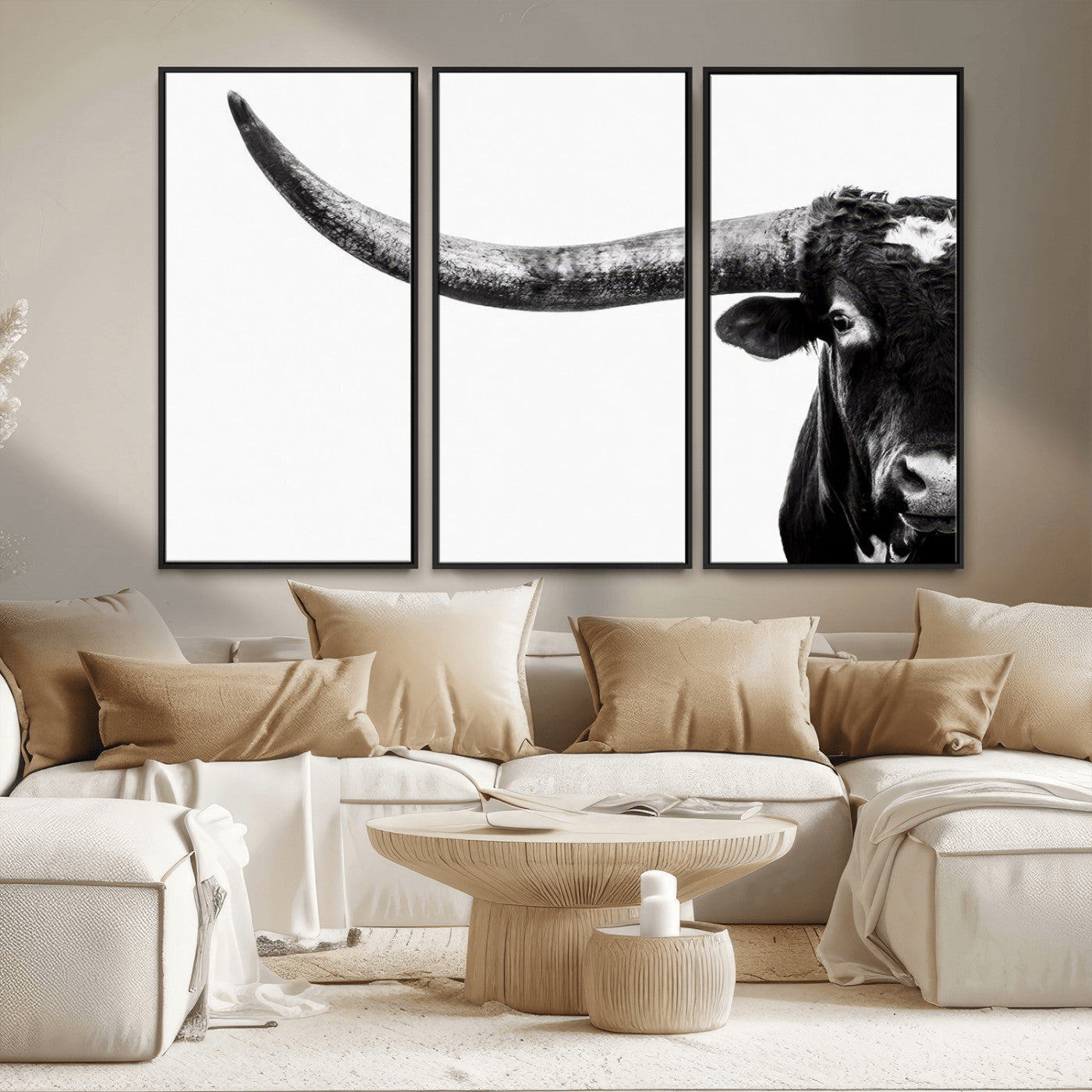31699-MGV-FC-48X32-3P_Black-Longhorn Wall Art – Black and White Texas Longhorn Cow Canvas Print, Rustic Western Farmhouse Artwork for Living Room, Bedroom or