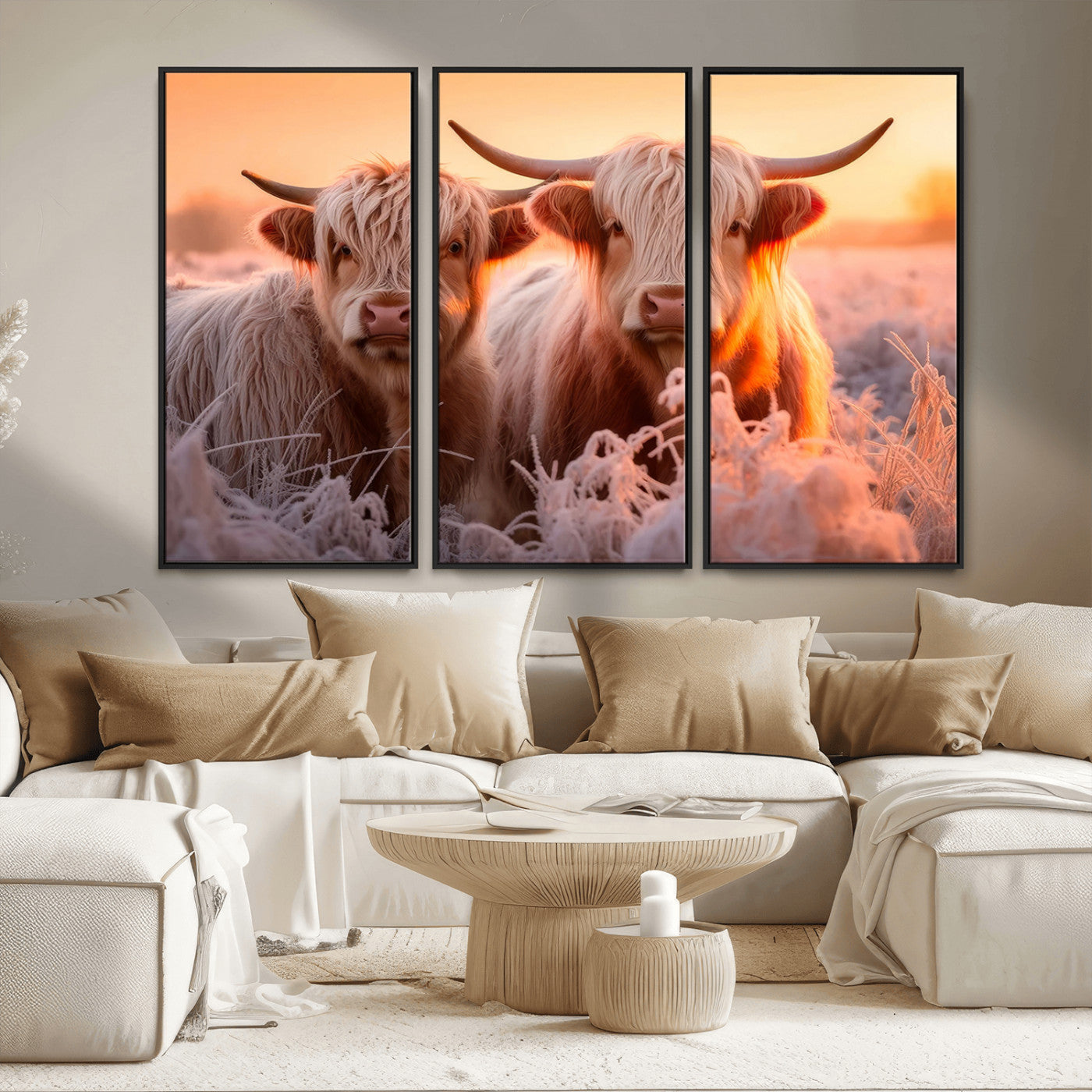 68253-MGV-CV-36X24-Highland Cow Wall Art – Rustic Farmhouse Cattle Canvas Print, Frosty Sunset Animal Artwork for Living Room, Bedroom or Country
