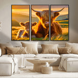 20567-MGV-FC-48X32-3P_Black-Highland Cow and Calf Wall Art – Rustic Farmhouse Sunset Cattle Canvas Print, Country Animal Artwork for Living Room, Bedroom, or