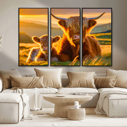 20567-MGV-FC-48X32-3P_Black-Highland Cow and Calf Wall Art – Rustic Farmhouse Sunset Cattle Canvas Print, Country Animal Artwork for Living Room, Bedroom, or