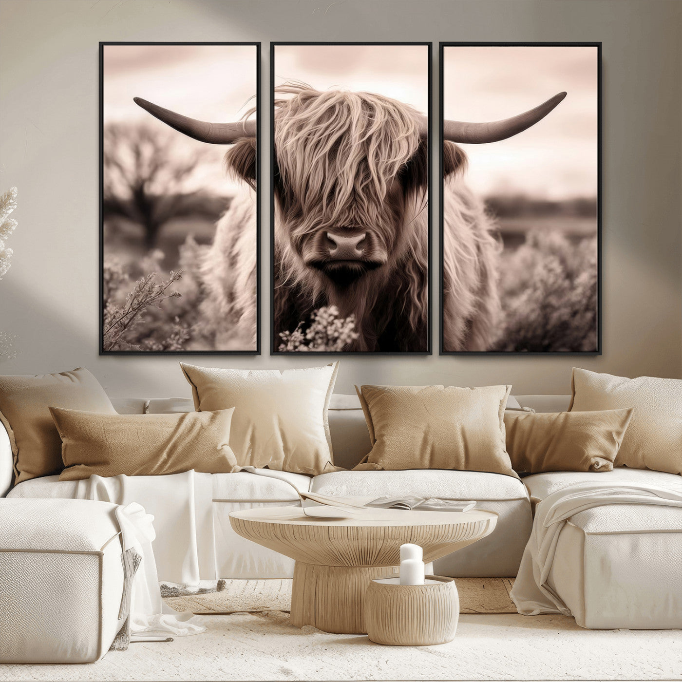 55903-MGV-FC-48X32-3P_Black-Highland Cow Wall Art – Rustic Sepia Scottish Highland Bull Canvas Print, Farmhouse Country Animal Decor for Living Room, Bedroom
