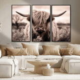 55903-MGV-FC-48X32-3P_Black-Highland Cow Wall Art – Rustic Sepia Scottish Highland Bull Canvas Print, Farmhouse Country Animal Decor for Living Room, Bedroom