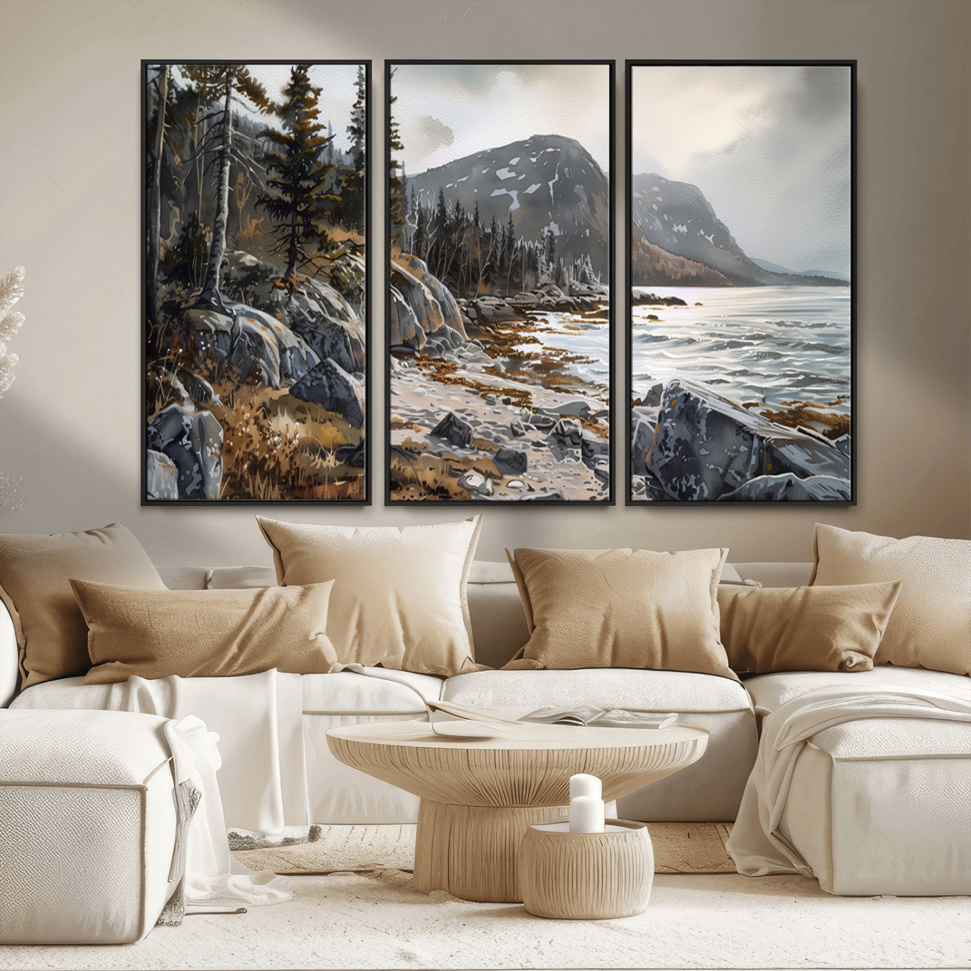 41281-MGV-CV-36X24-Rocky Shoreline Wall Art – Panoramic Mountain Coast and Forest Canvas Print, Rustic Nature Landscape Decor for Cabin, Lodge, or