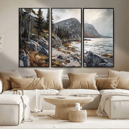 41281-MGV-CV-36X24-Rocky Shoreline Wall Art – Panoramic Mountain Coast and Forest Canvas Print, Rustic Nature Landscape Decor for Cabin, Lodge, or