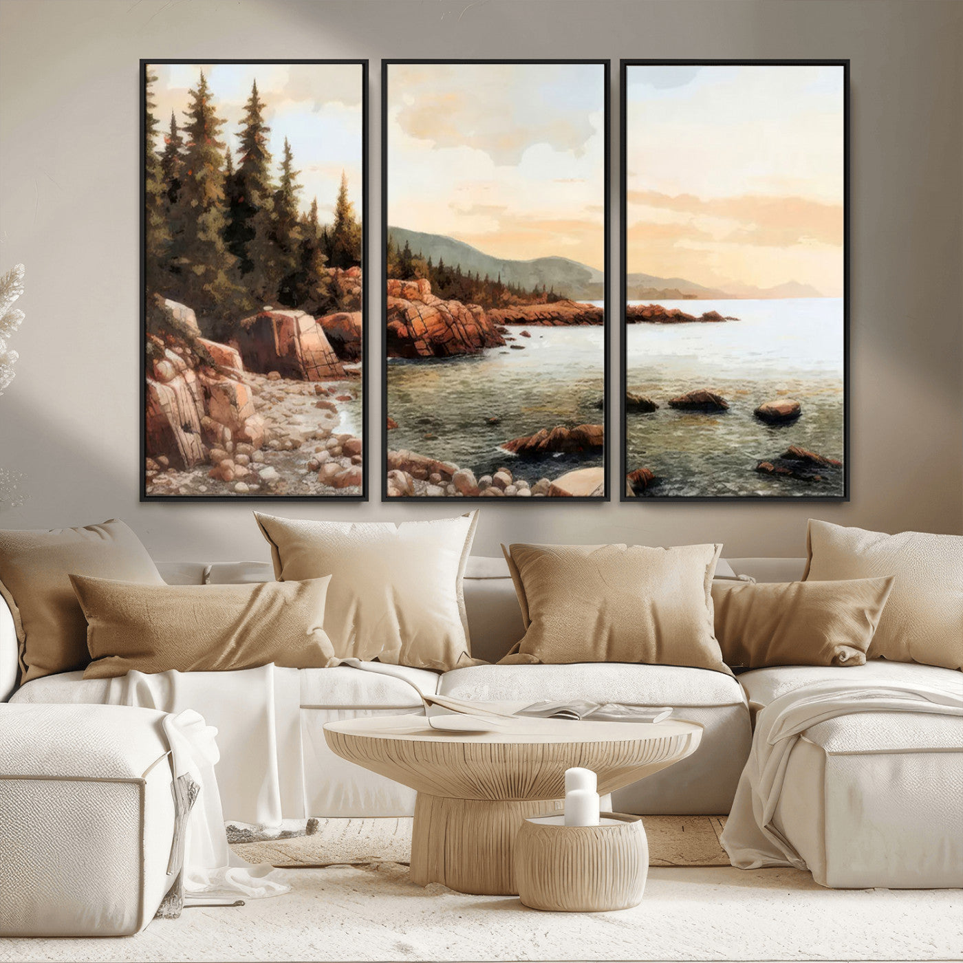 77145-MGV-CV-36X24-Coastal Landscape Wall Art – Panoramic Rocky Shoreline and Pine Trees Canvas Print, Rustic Nature Decor for Cabin, Lodge, Office,