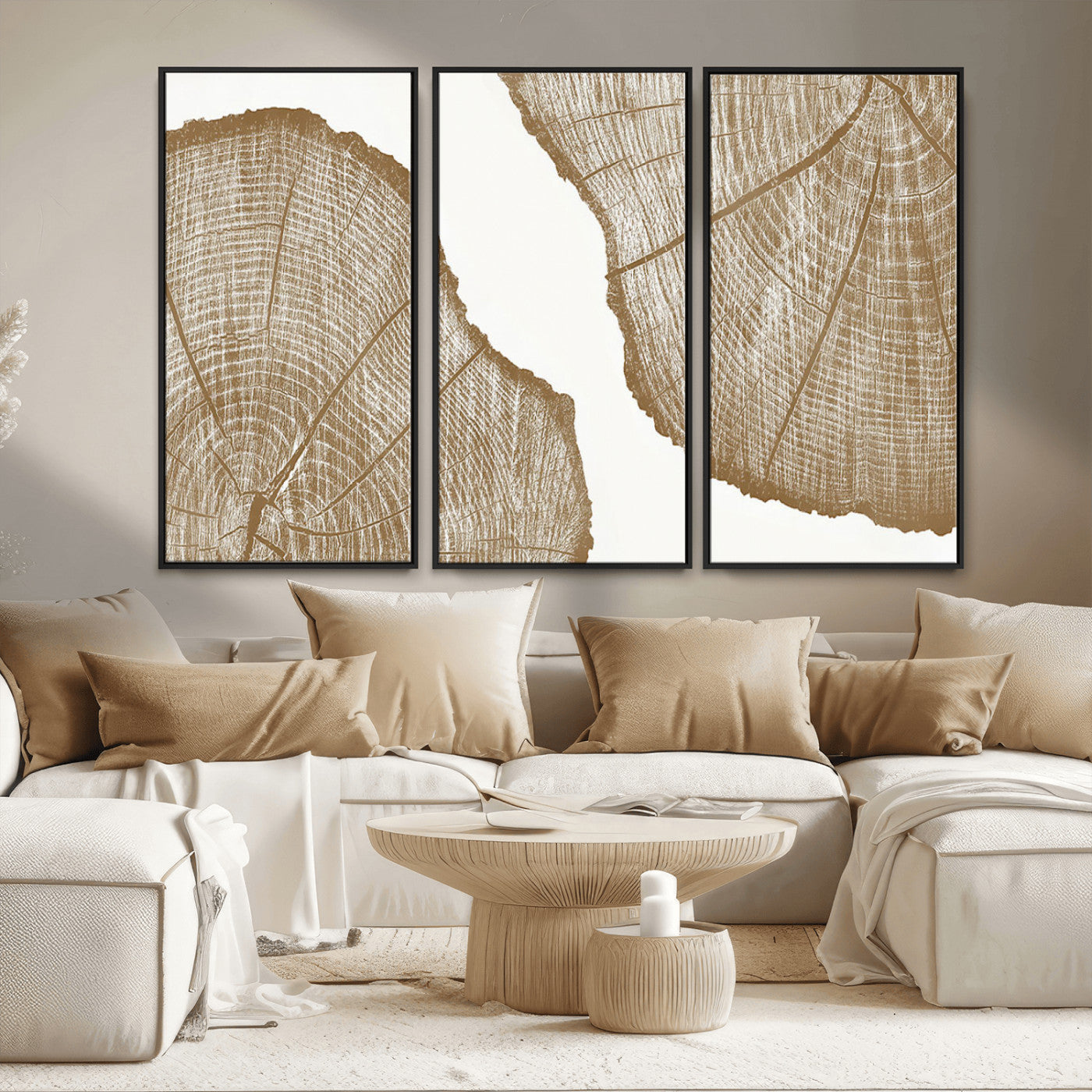 99692-MGV-FC-48X32-3P_Black-Tree Ring Linocut Wall Art Canvas Print, Framed Wood Cut Art Picture Print, Tree Rings Perfect Minimalist Rustic Decor Artwork