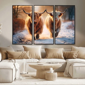 50490-MGV-CV-36X24-Highland Cow Wall Art – Rustic Panoramic Canvas Print Two Cattle Snowy Landscape, Farmhouse Country Decor for Living Room Office