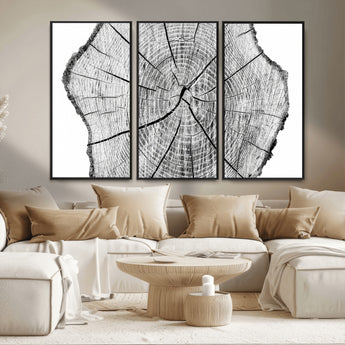 98709-MGV-CV-36X24-Tree Ring Wall Art – Black and White Canvas Print Rustic Wood Cross Section, Minimal Nature Inspired Decor for Living Room,