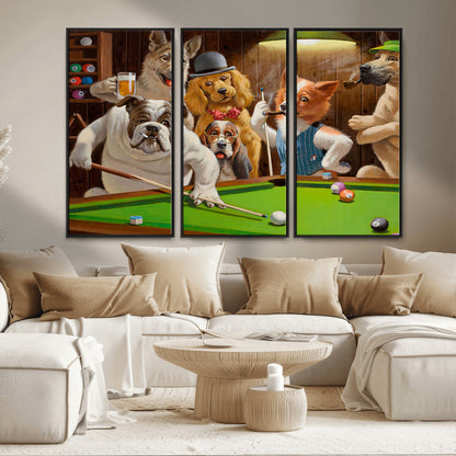 34228-MGV-FC-48X32-3P_Black-Dogs Playing Pool Wall Art Canvas Print, Framed Funny Dog Art Picture Print, Dog Perfect Game Room Decor Artwork
