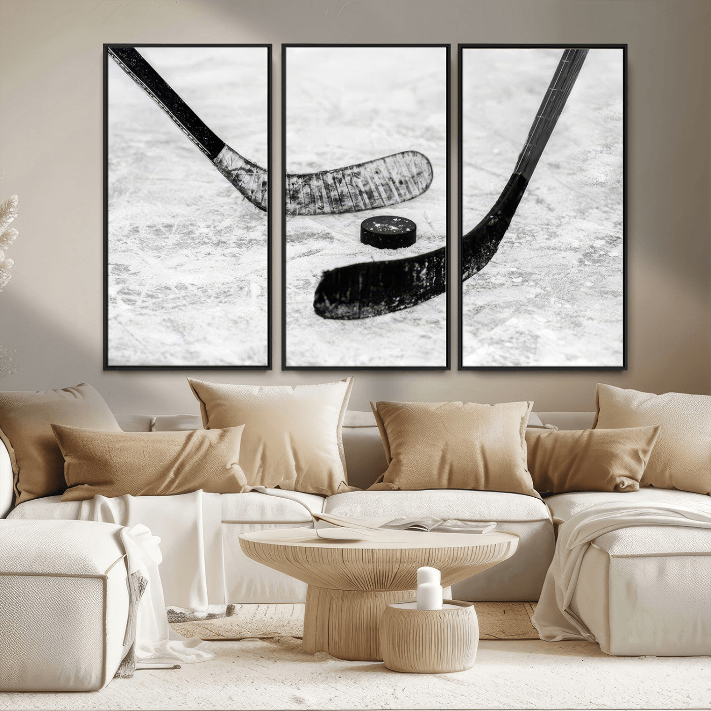 82900-MGV-CV-36X24-Hockey Wall Art – Black and White Canvas Print Ice Rink Sticks Puck Sports Photography, Modern Decor for Game Room, Man Cave,
