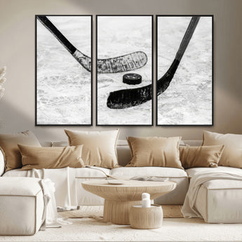 82900-MGV-CV-36X24-Hockey Wall Art – Black and White Canvas Print Ice Rink Sticks Puck Sports Photography, Modern Decor for Game Room, Man Cave,