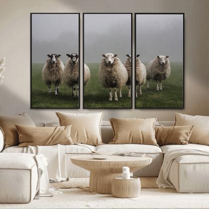 87339-MGV-CV-36X24-Sheep Wall Art – Rustic Farmhouse Canvas Print Flock Standing Misty Field Countryside Photography, Country Animal Decor for Living