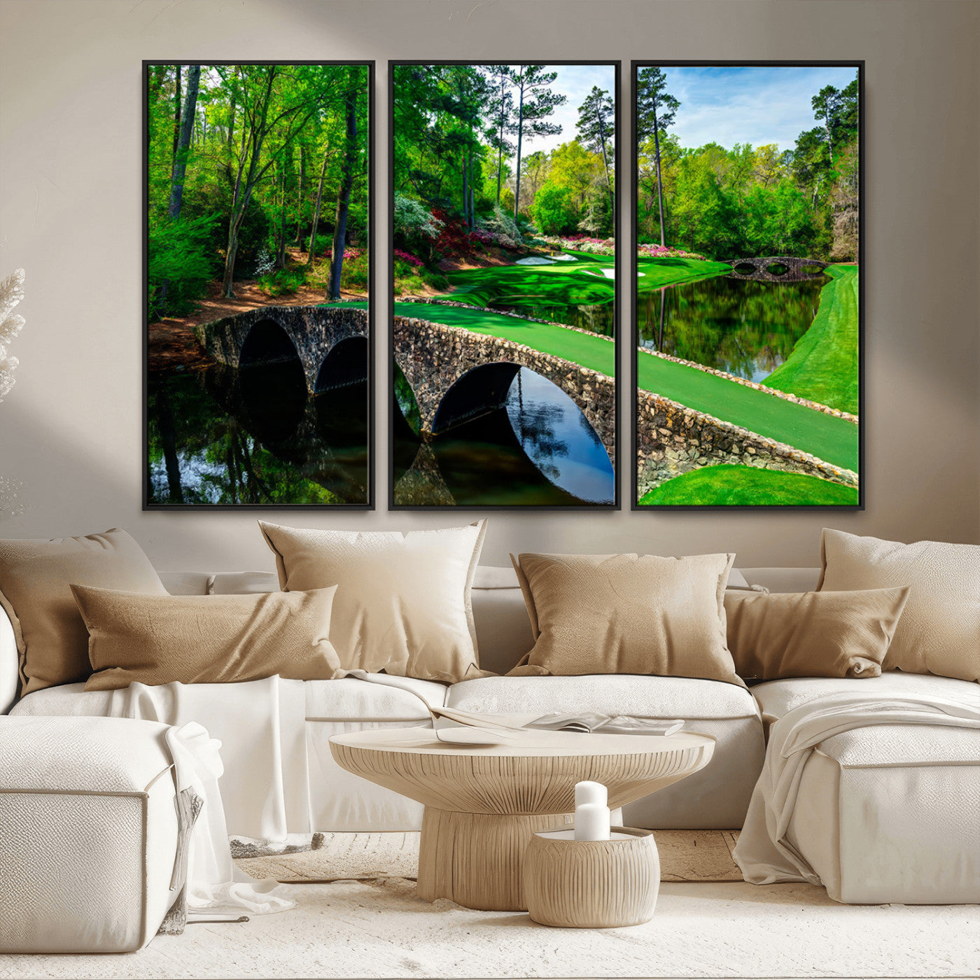 57655-MGV-CV-36X24-Golf Course Wall Art – Canvas Print Scenic Green Fairway Stone Bridge Water Reflection Landscape, Classic Sports Decor for Office,