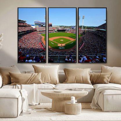 90998-MGV-FC-48X32-3P_Black-Baseball Stadium Wall Art – Canvas Print Day Game Field Packed Crowd Bright Blue Sky Sports Photography, Classic Decor for Game