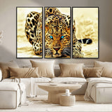 45281-MGV-FC-48X32-3P_Black-Blue Eye Leopard Wall Art Canvas Print, Framed Leopard Painting Art Picture Print, Big Cat Perfect Safari Wildlife Decor Artwork