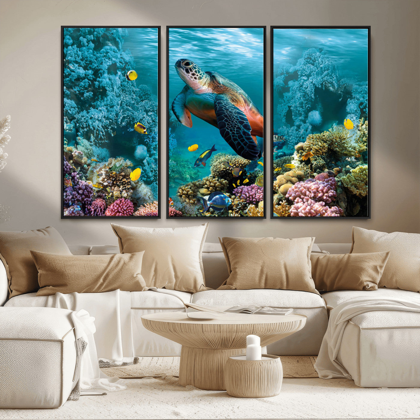 38661-MGV-FC-48X32-3P_Black-Sea Turtle Wall Art Canvas Print, Framed Ocean Wildlife Art Picture Print, Turtle Perfect Coastal Nature Decor Artwork