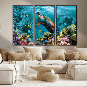38661-MGV-FC-48X32-3P_Black-Sea Turtle Wall Art Canvas Print, Framed Ocean Wildlife Art Picture Print, Turtle Perfect Coastal Nature Decor Artwork