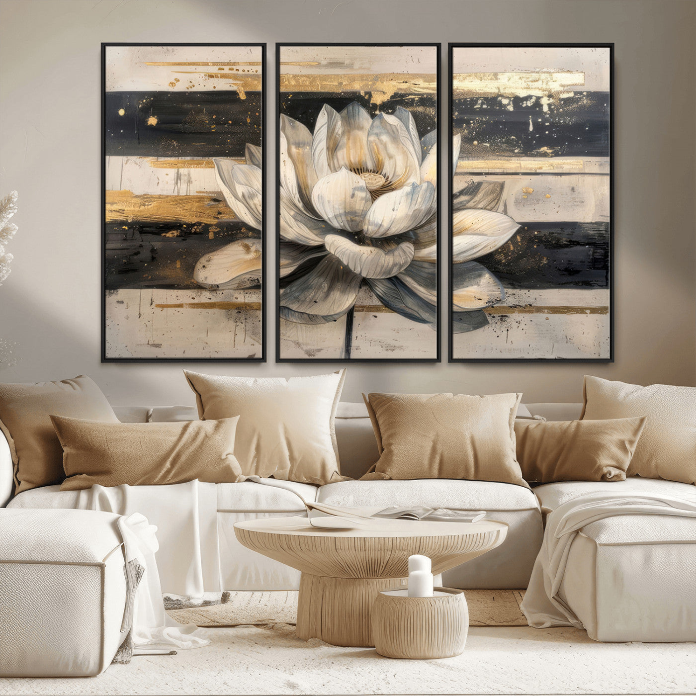 18807-MGV-FC-48X32-3P_Black-Lotus Flower Wall Art Canvas Print, Framed Abstract Lotus Art Picture Print, White Lotus Flower Perfect Abstract Floral Decor