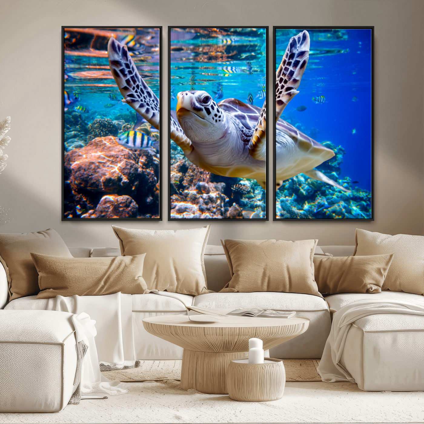 12683-MGV-CV-36X24-Sea Turtle Wall Art – Graceful Ocean Canvas Print with Coral Reef and Tropical Fish, Coastal Marine Life Decor for Beach House,