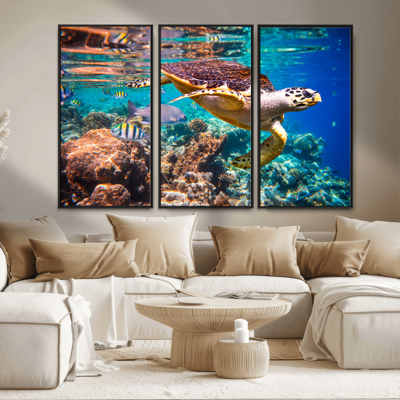 66614-MGV-FC-48X32-3P_Black-Sea Turtle Wall Art – Hawksbill Turtle Swimming Over Coral Reef Canvas Print, Ocean Marine Life Decor for Beach House, Coastal