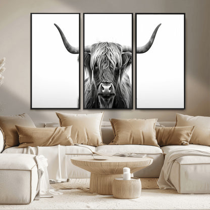 49556-MGV-CV-36X24-Highland Cow Wall Art – Black and White Scottish Highland Cattle Print, Rustic Farmhouse Minimalist Animal Portrait Canvas for